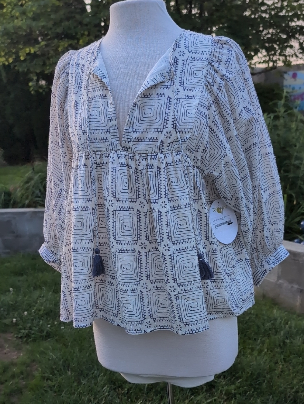 Boho Embroidery Printed Peasant Top in Cream and Navy